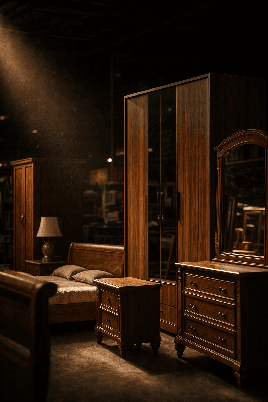 Moody, gallery-style photograph of high-quality pre-owned wooden bedroom furniture and a wardrobe lit by warm accent lighting against a dark background