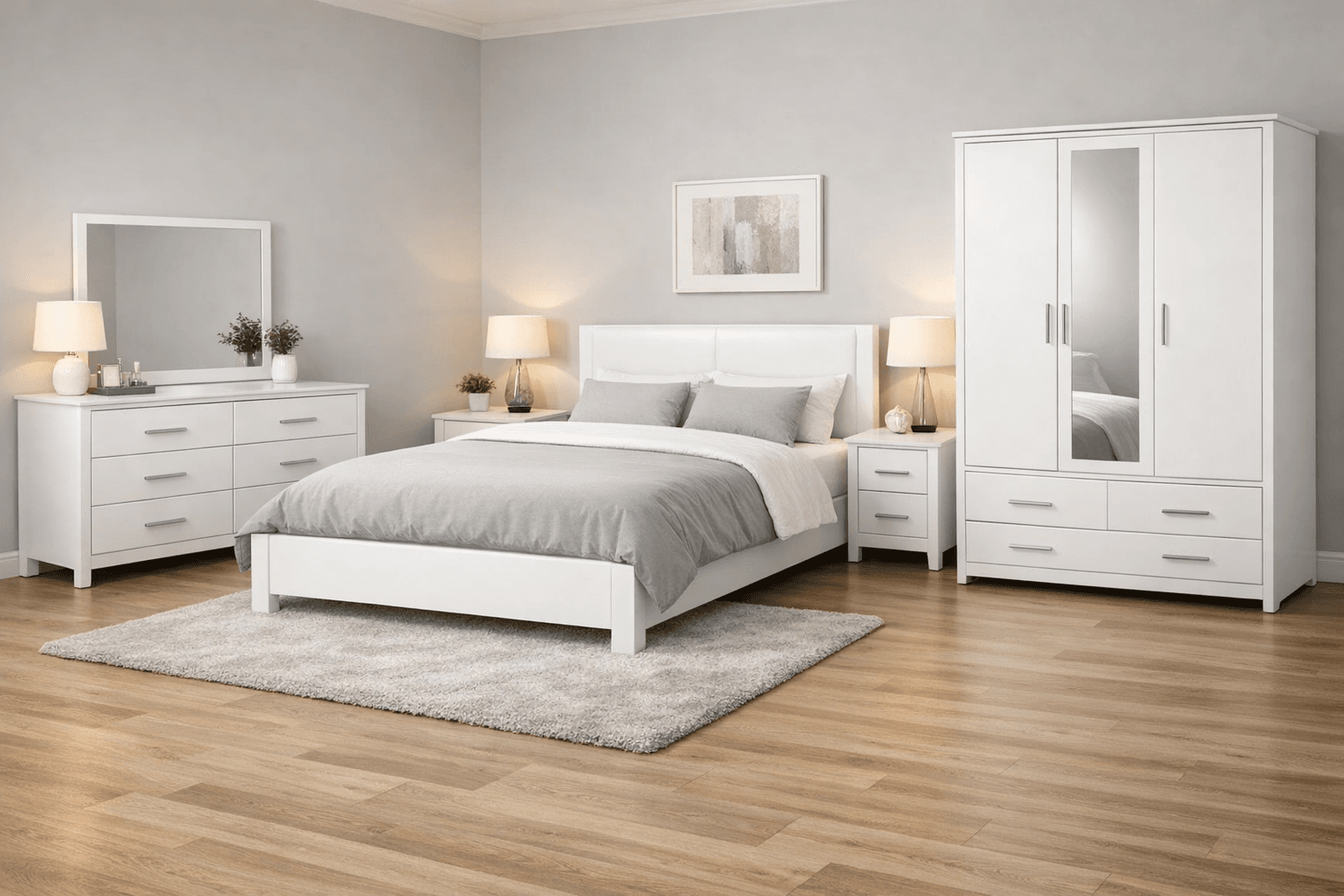 White full bedroom set with modern minimalist design, including a bed, nightstands, dresser, and wardrobe.