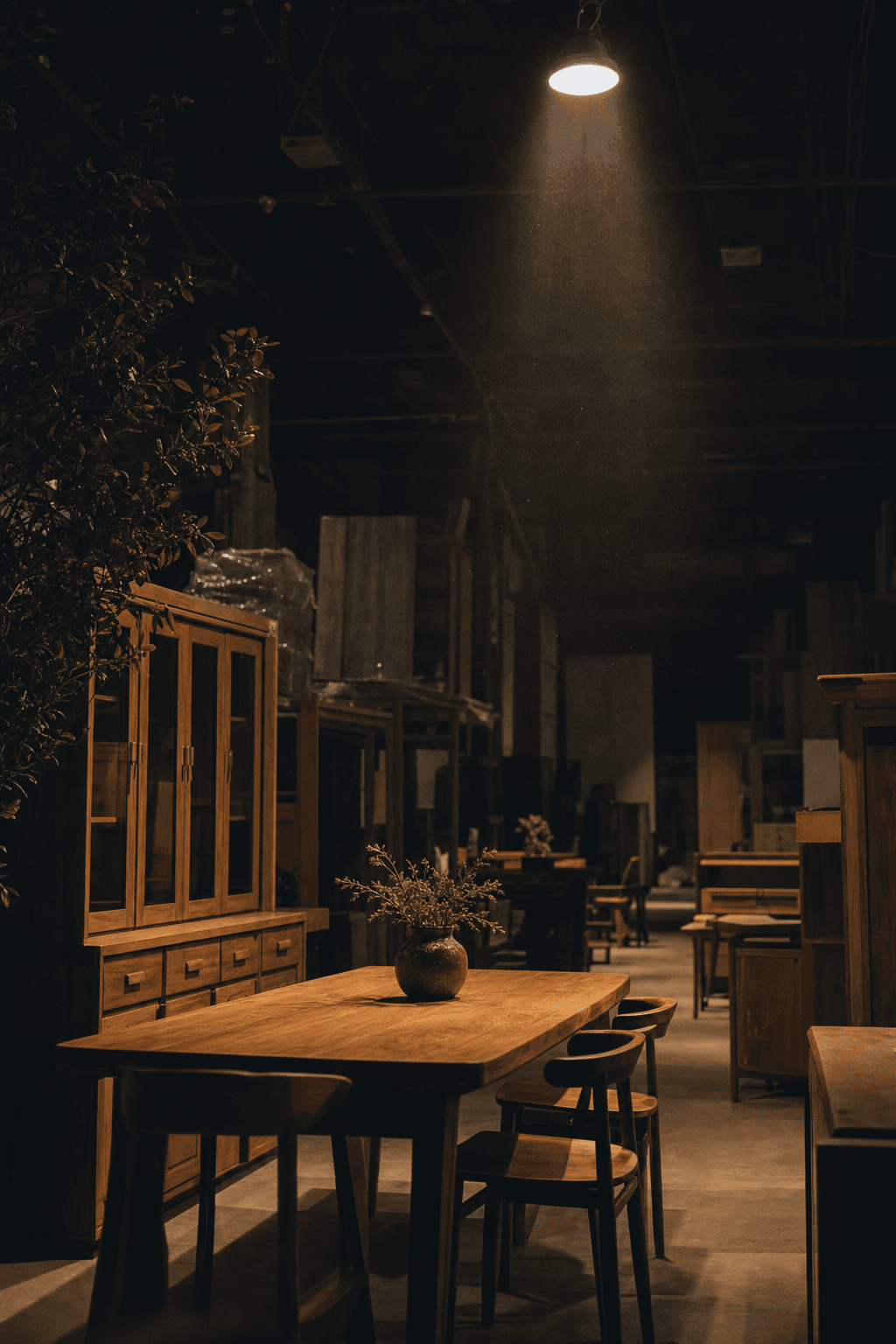 Moody warehouse interior with a warm wooden furniture piece lit by a single beam of light in a dark editorial space