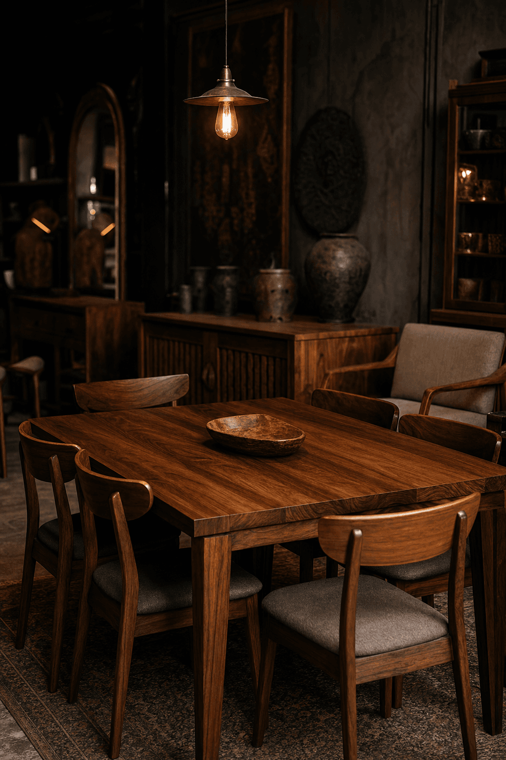 A well-crafted walnut dining set glowing under a single warm amber bulb in a dark, moody furniture shop corner.