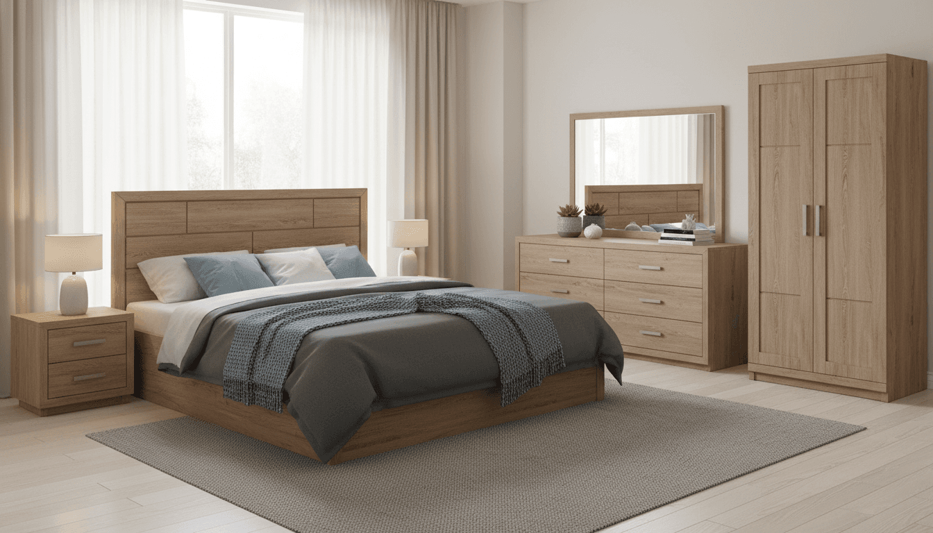 Nabco bedroom set in a modern, well-lit room, featuring a bed, nightstands, and dresser.