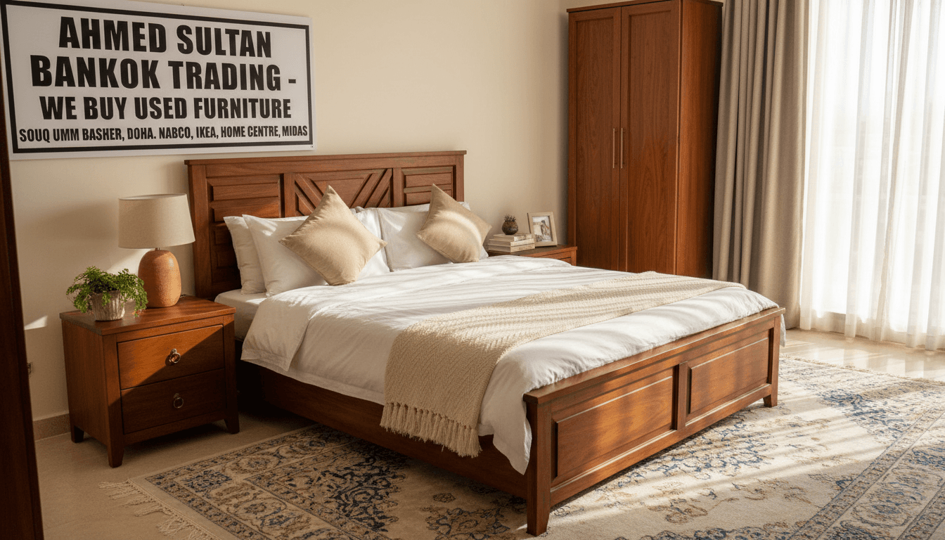 Well-maintained bedroom set with wooden frame and matching nightstands in warm natural light, Doha home interior