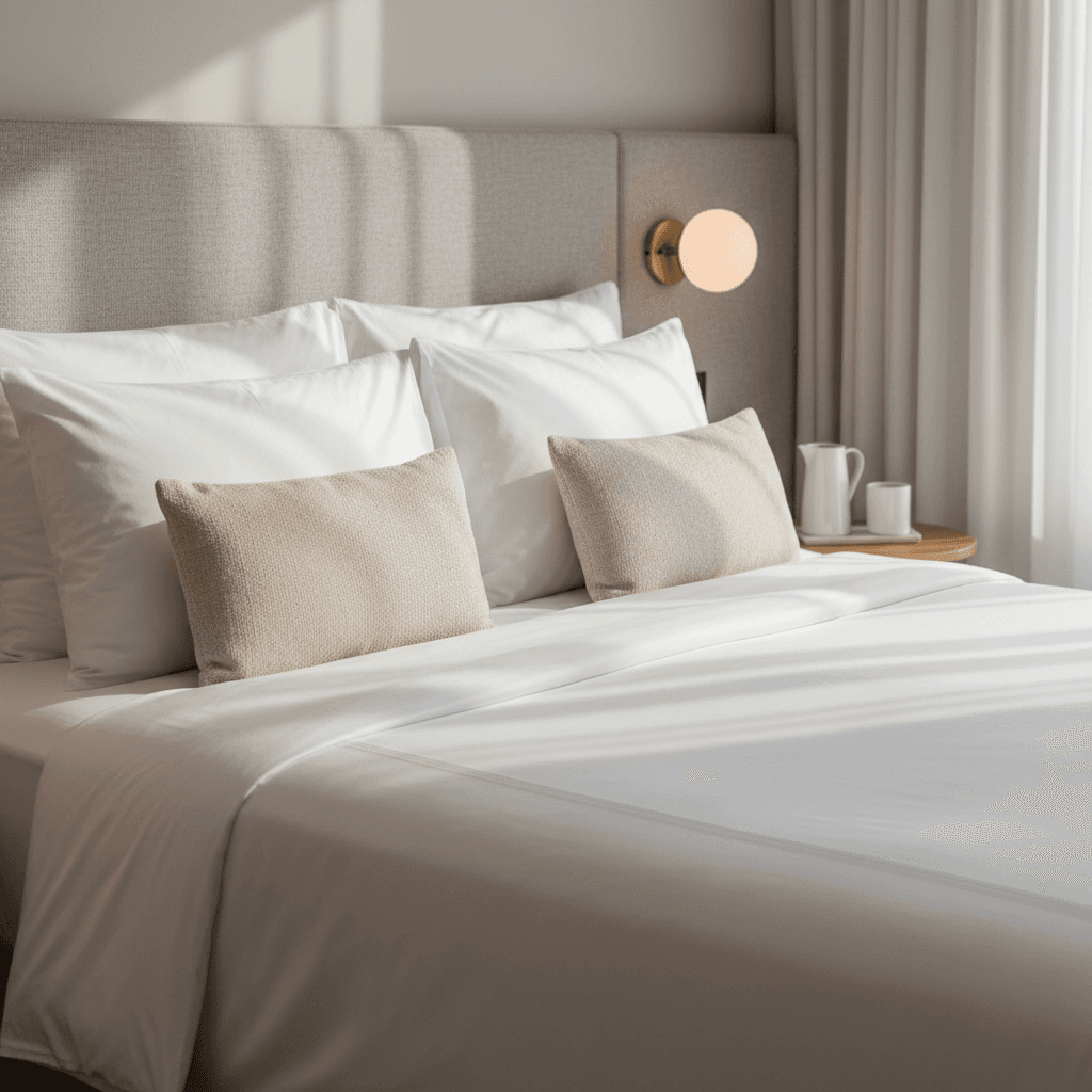 Close-up of pristine white hotel bed with plush pillows and soft lighting creating inviting sleep environment