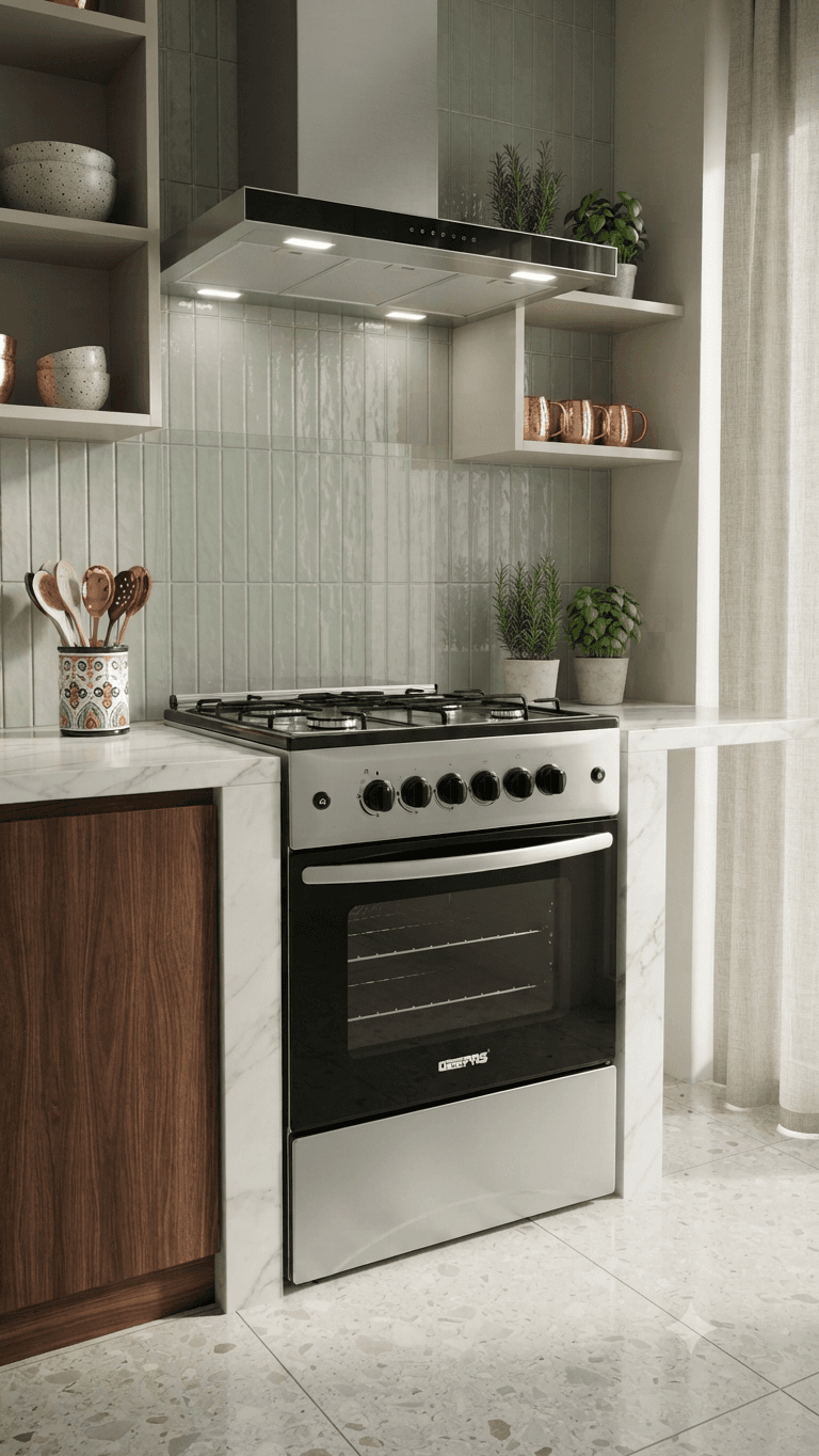 Stainless steel gas range and oven in a modern kitchen with green vertical tile backsplash.