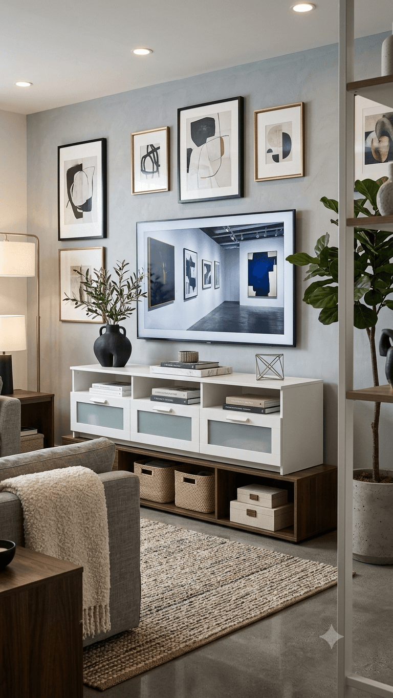 Modern living room with abstract art gallery wall, white media console, and large television.