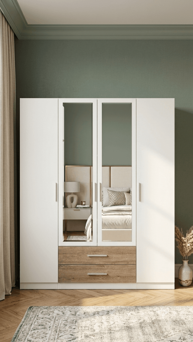 White four-door wardrobe with two central mirrored doors and two wooden drawers at the base.