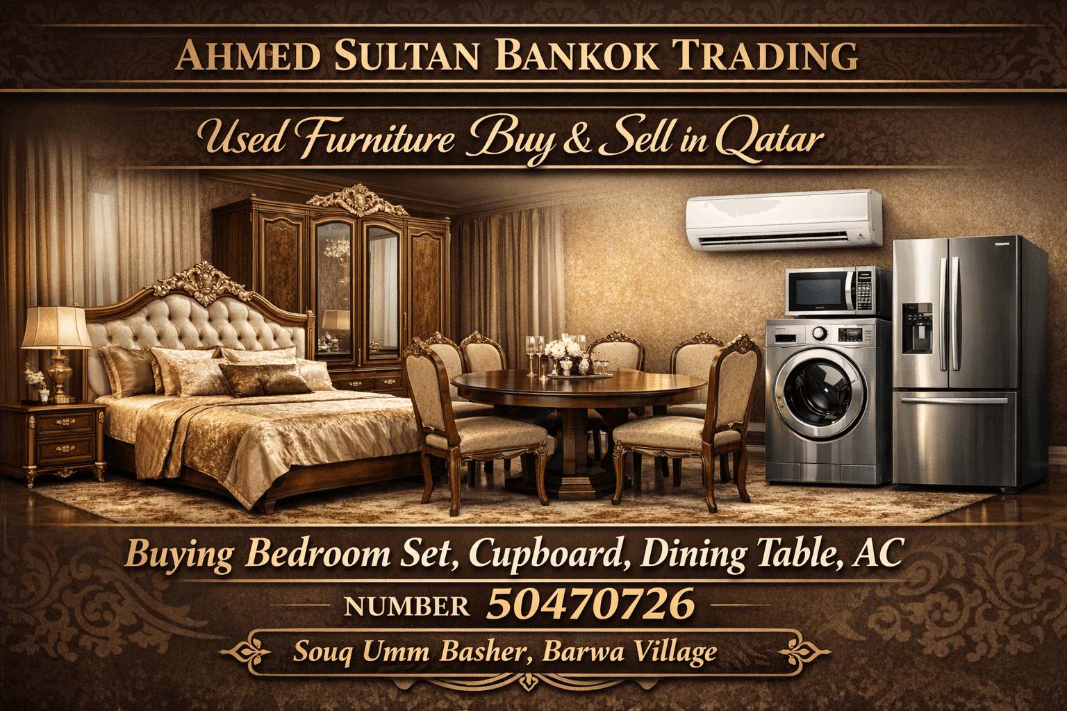 Banner for Ahmed Sultan Bankok Trading showing used furniture and appliances with contact info and location.