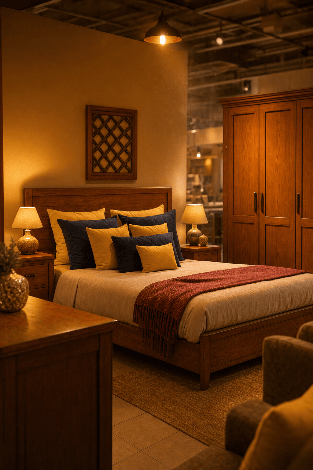 Warm-lit Nabco bedroom set waiting for a second home in a Doha furniture showroom