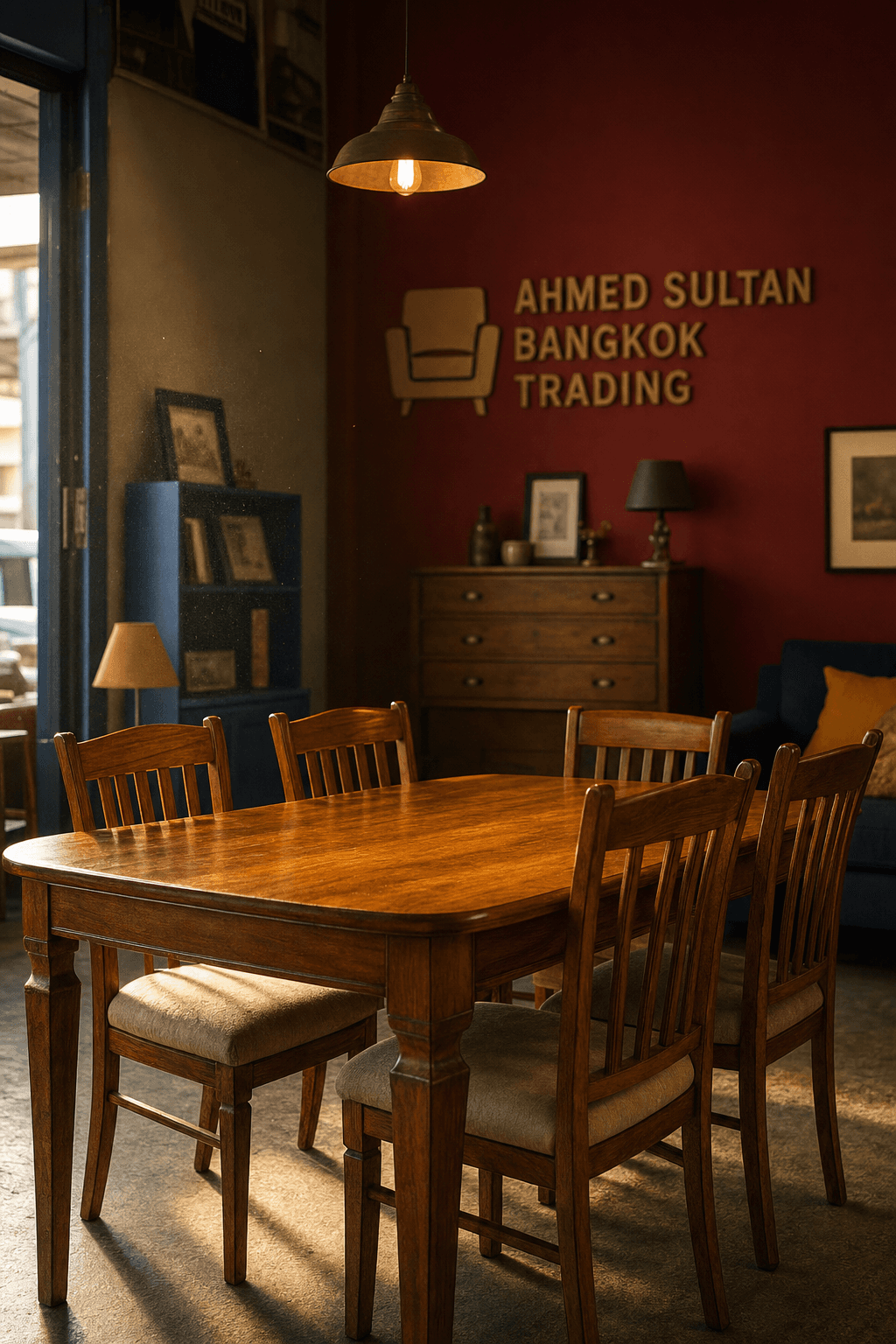 Warm golden light falling on a solid wood dining set inside the Souq Umm Basher furniture shop