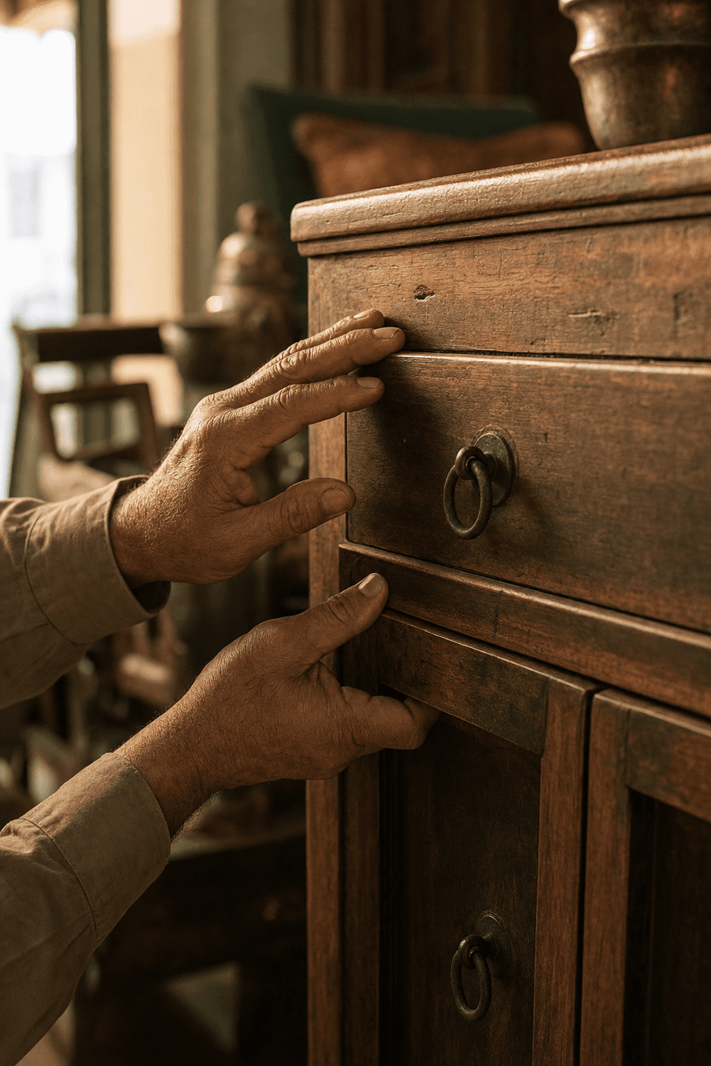Weathered hands inspecting a solid wood cupboard drawer in warm morning light at a Doha used furniture shop
