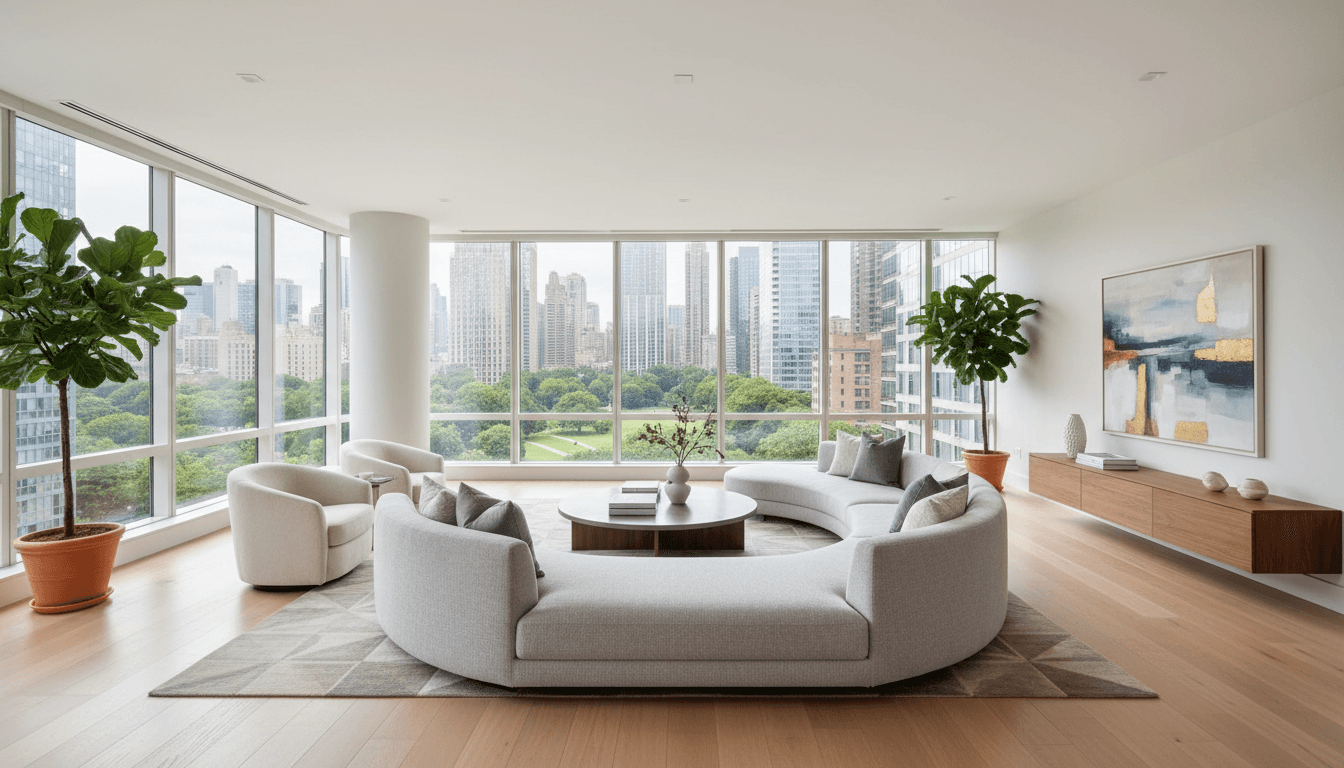 Modern living room with a stylish sofa and coffee table in a bright, spacious interior