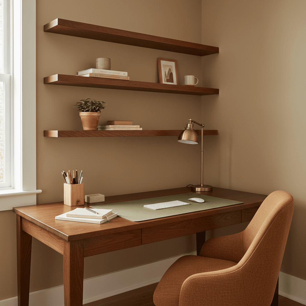 Sturdy wooden desk with office chair and wall shelves