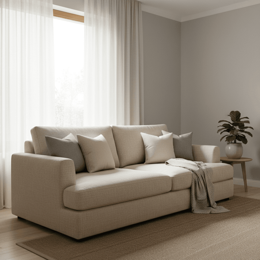 Clean three-seat fabric sofa in a bright living room
