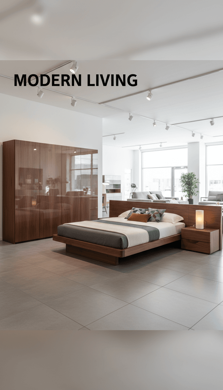 Modern Nabco bedroom set with wooden wardrobe and bed frame in a bright showroom