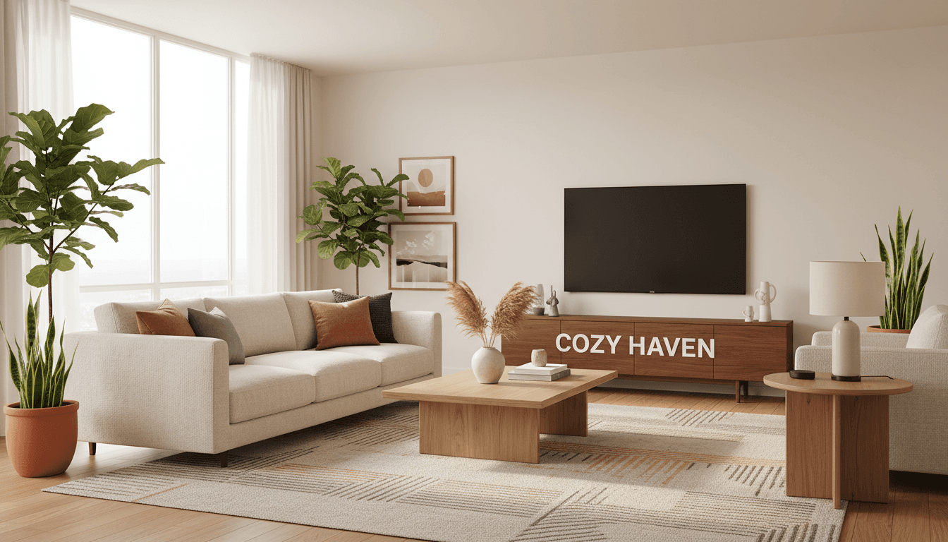 Modern living room with a well-maintained sofa and wooden furniture in warm light