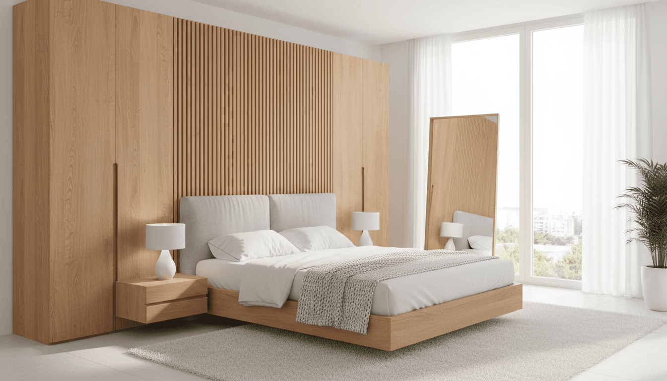 Modern Nabco bedroom set with wardrobe and bed in a bright room