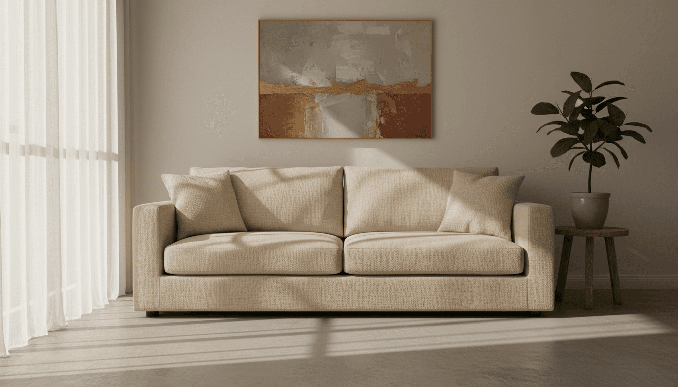 Nabco fabric sofa in good condition in a bright Doha living room