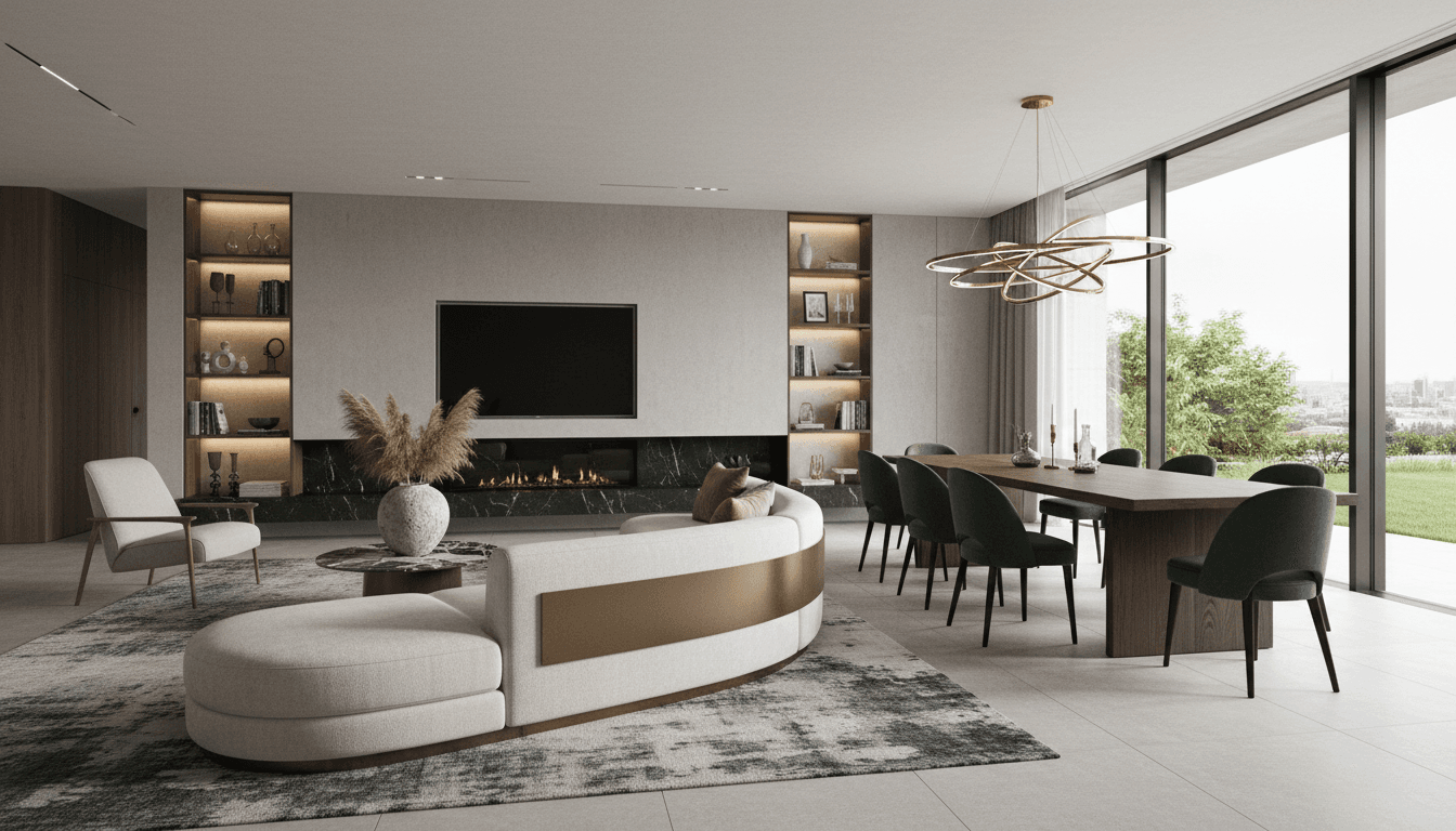 Modern living room with an elegant sofa and dining furniture set