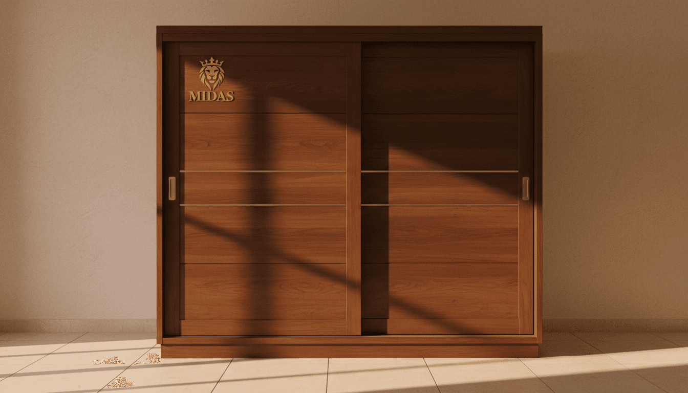 Midas dark wood wardrobe in good condition in a Doha bedroom