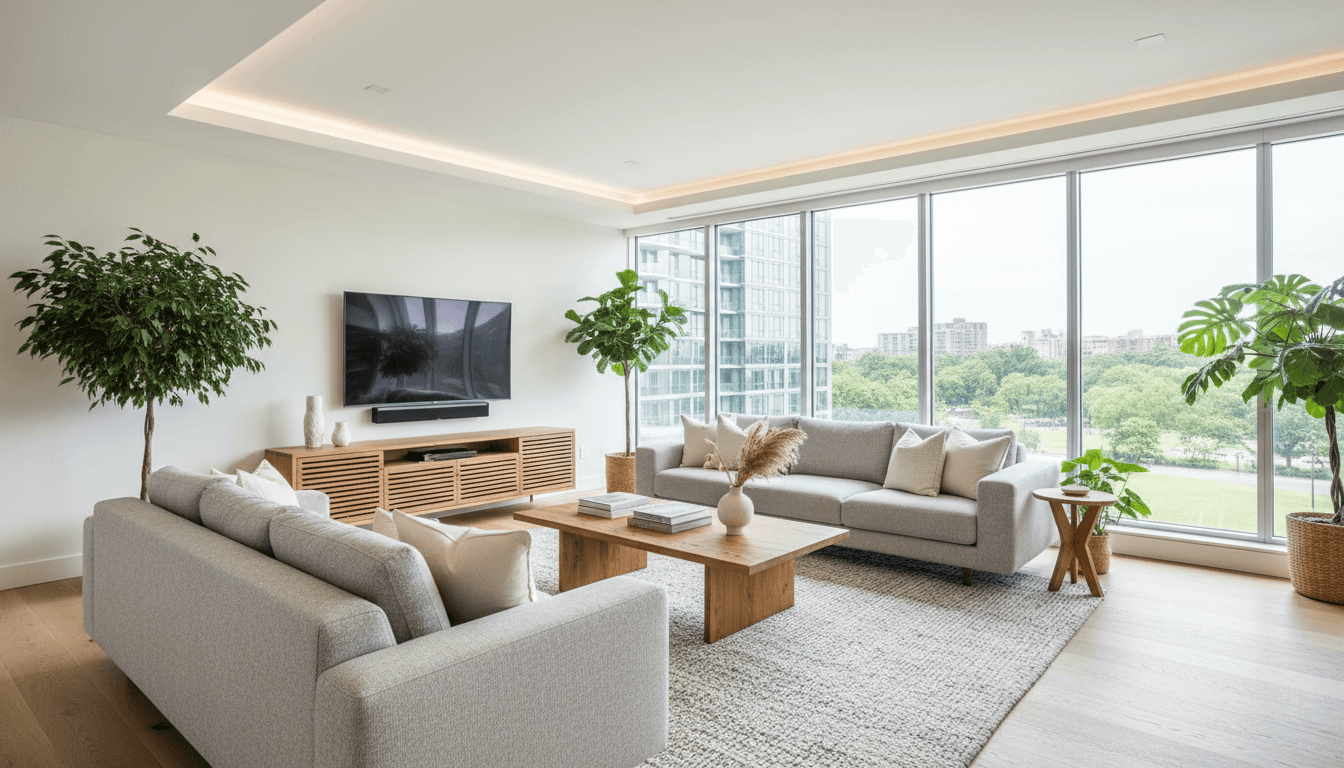 Modern living room with a well-kept sofa and wooden furniture in natural light