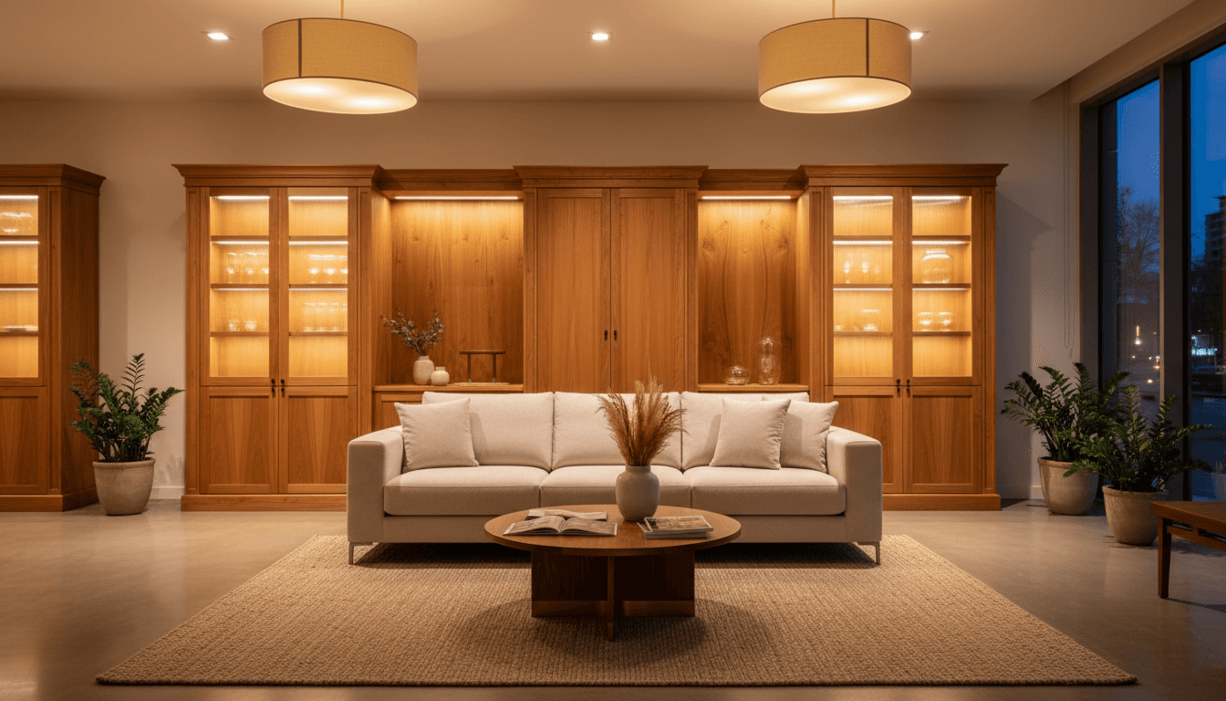 Showroom interior with a modern sofa and wooden cabinets in warm, inviting light
