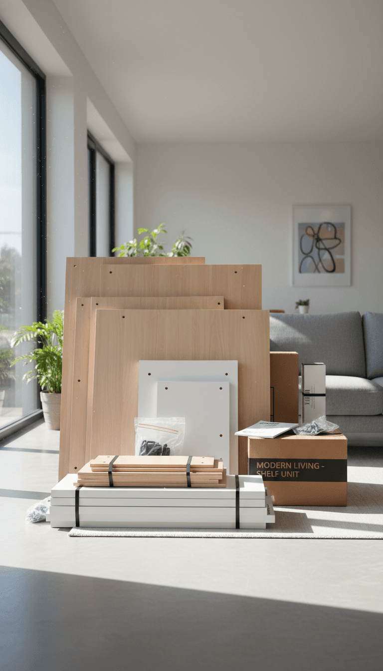 Disassembled flat-pack furniture pieces neatly stacked in a bright living room