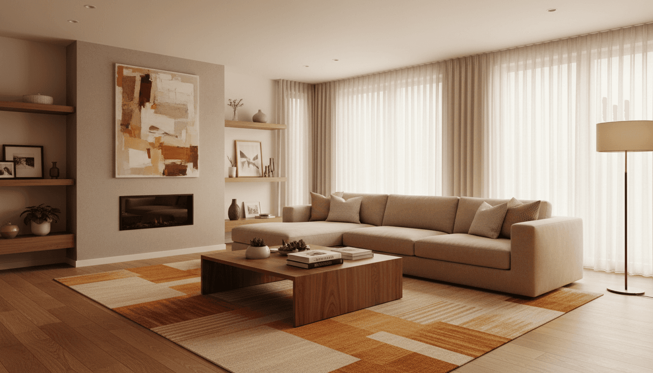 Modern living room with a beige sofa and wooden coffee table in warm light