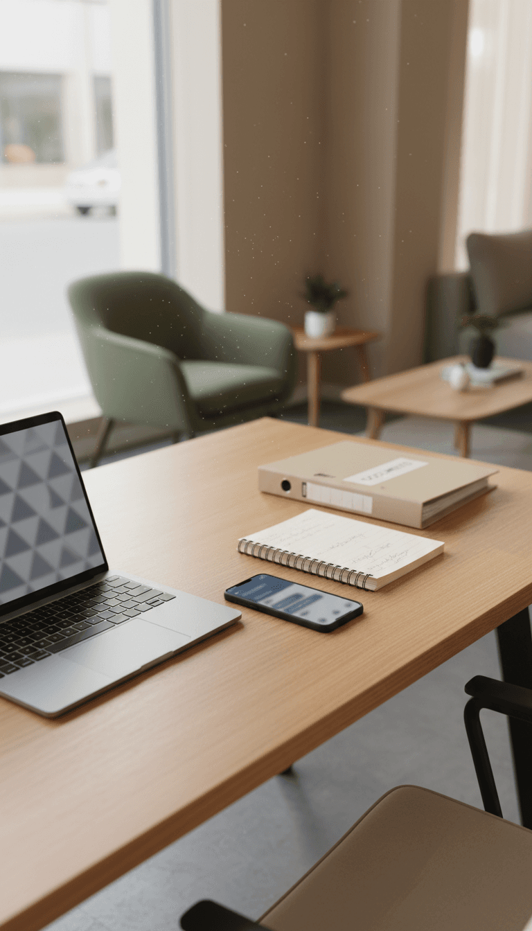 A secure desk with a laptop and notebook in a furniture buying office
