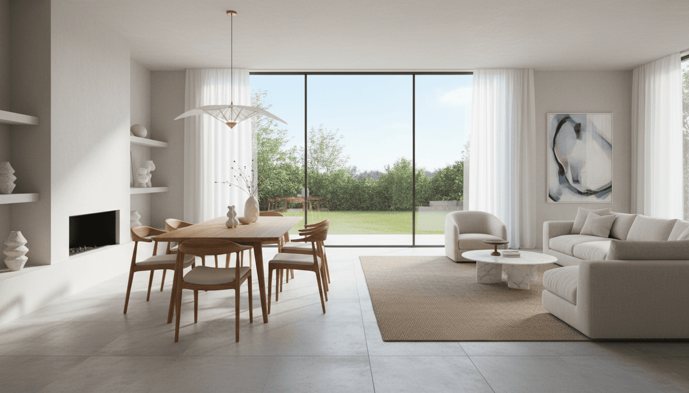 Elegant wooden dining table and chairs in bright modern living room with natural light and clean minimalist decor