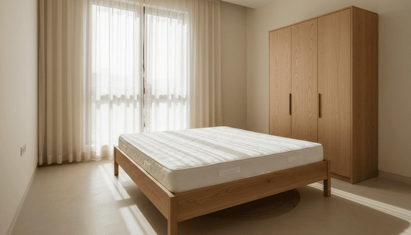Tidy bedroom with a wooden bed frame and matching wardrobe in a sunlight-filled apartment