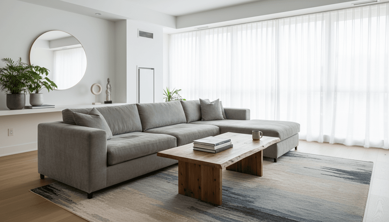 Living room with a used sofa and wooden coffee table ready for sale
