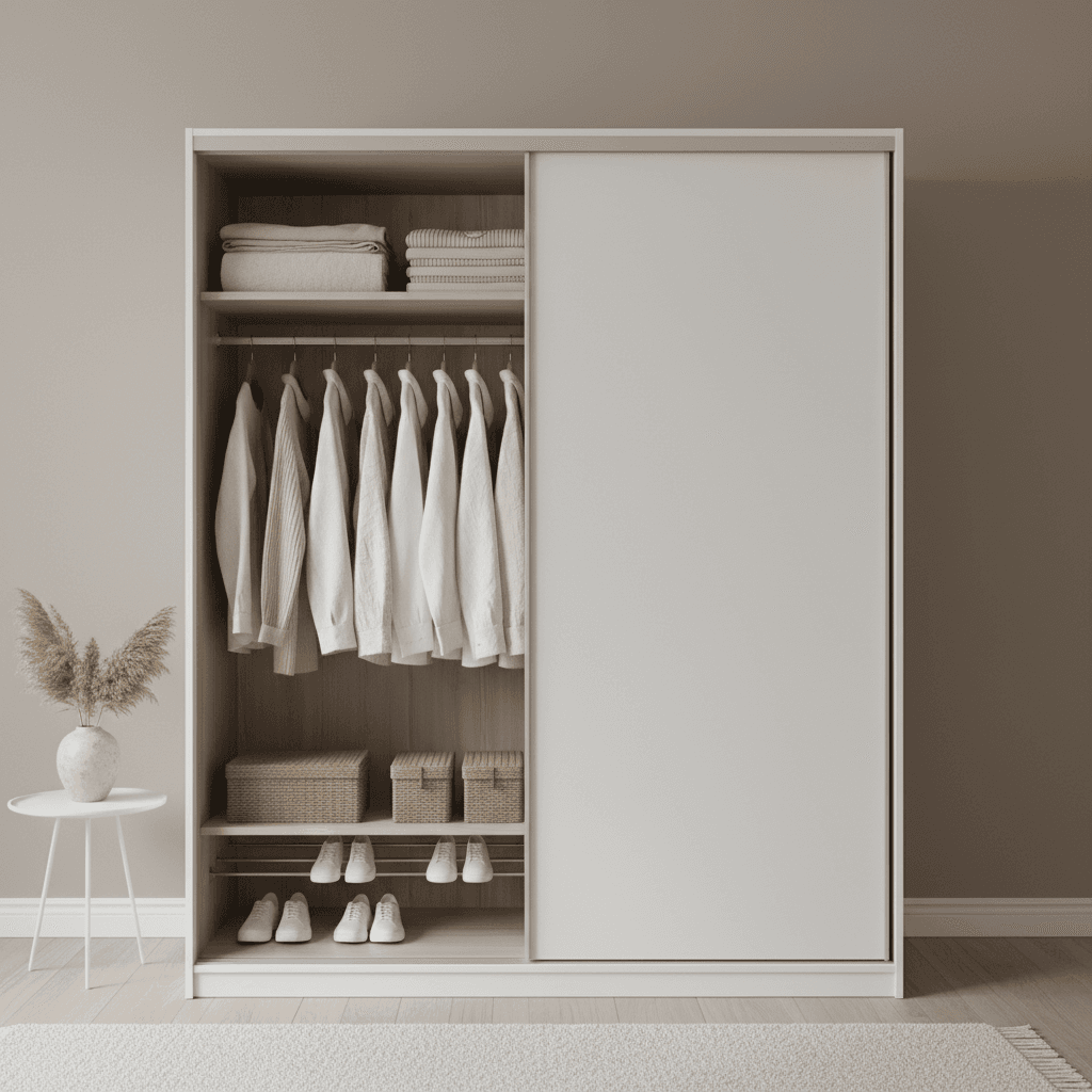 Tall white wardrobe with sliding doors in a tidy bedroom