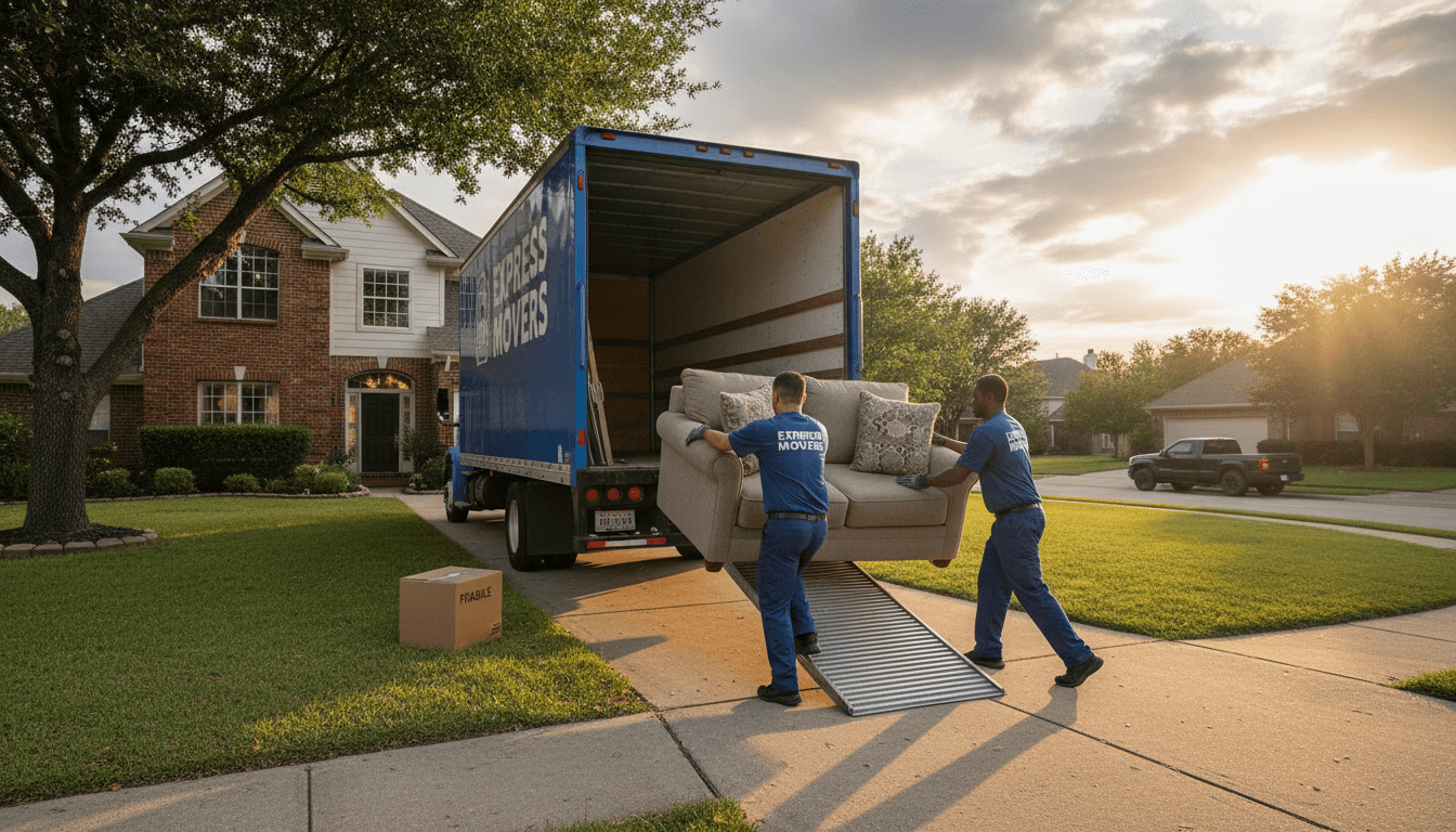 Two movers loading a sofa into a truck outside a home