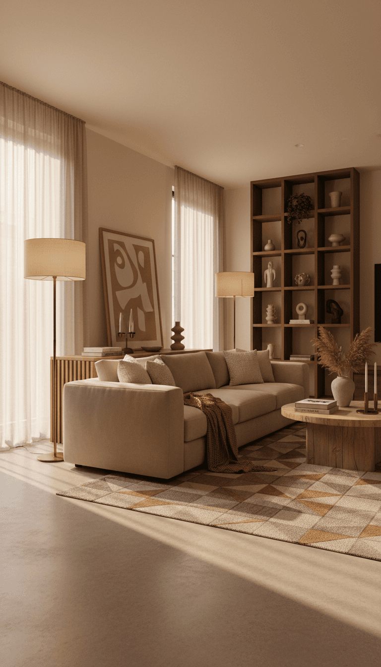Well-kept sofa and wooden furniture arranged in a tidy modern living room