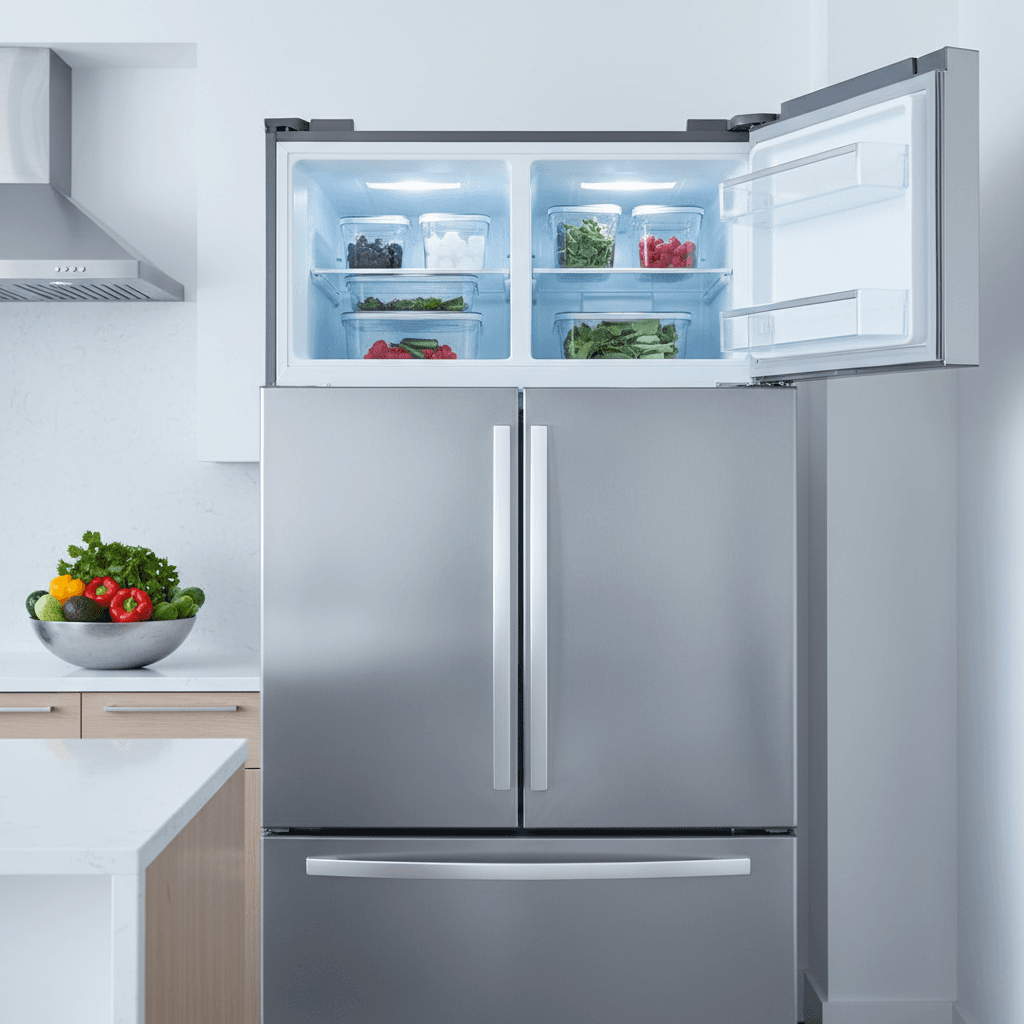 Stainless steel refrigerator in a clean kitchen