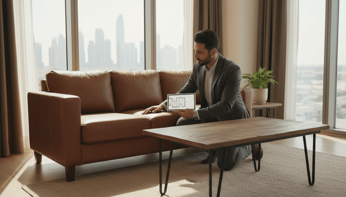 Professional furniture buyer inspecting a leather sofa in a bright Dubai living room