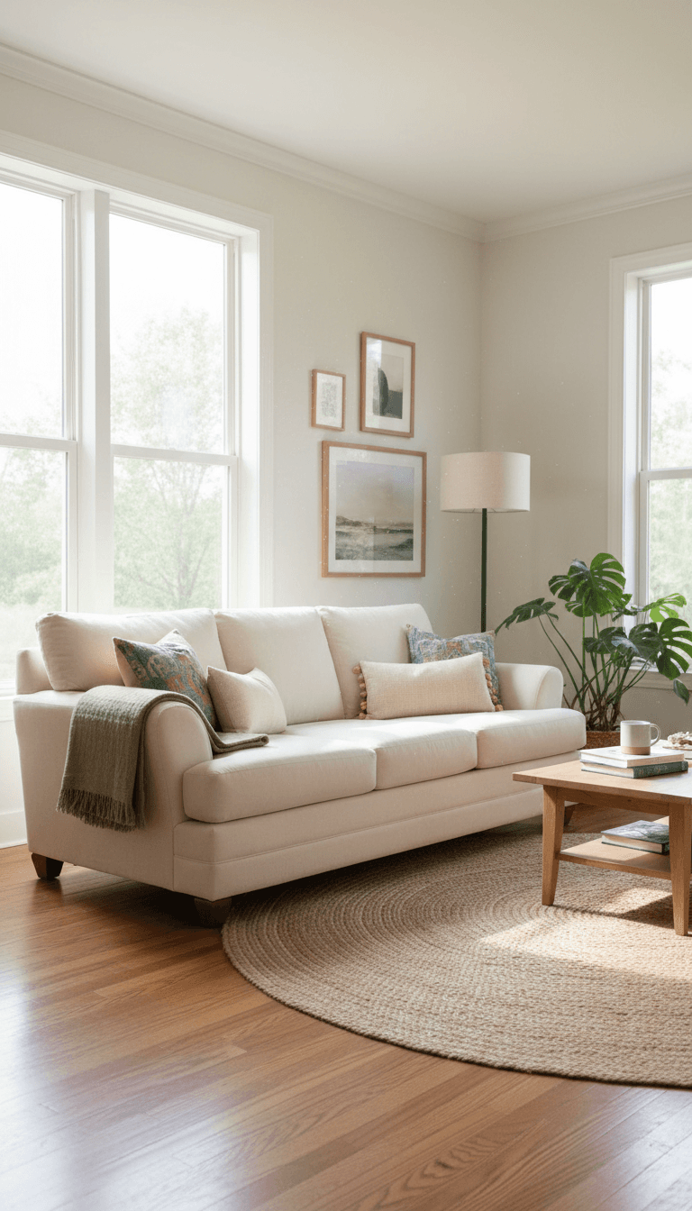Well-kept used sofa in a bright living room ready for sale