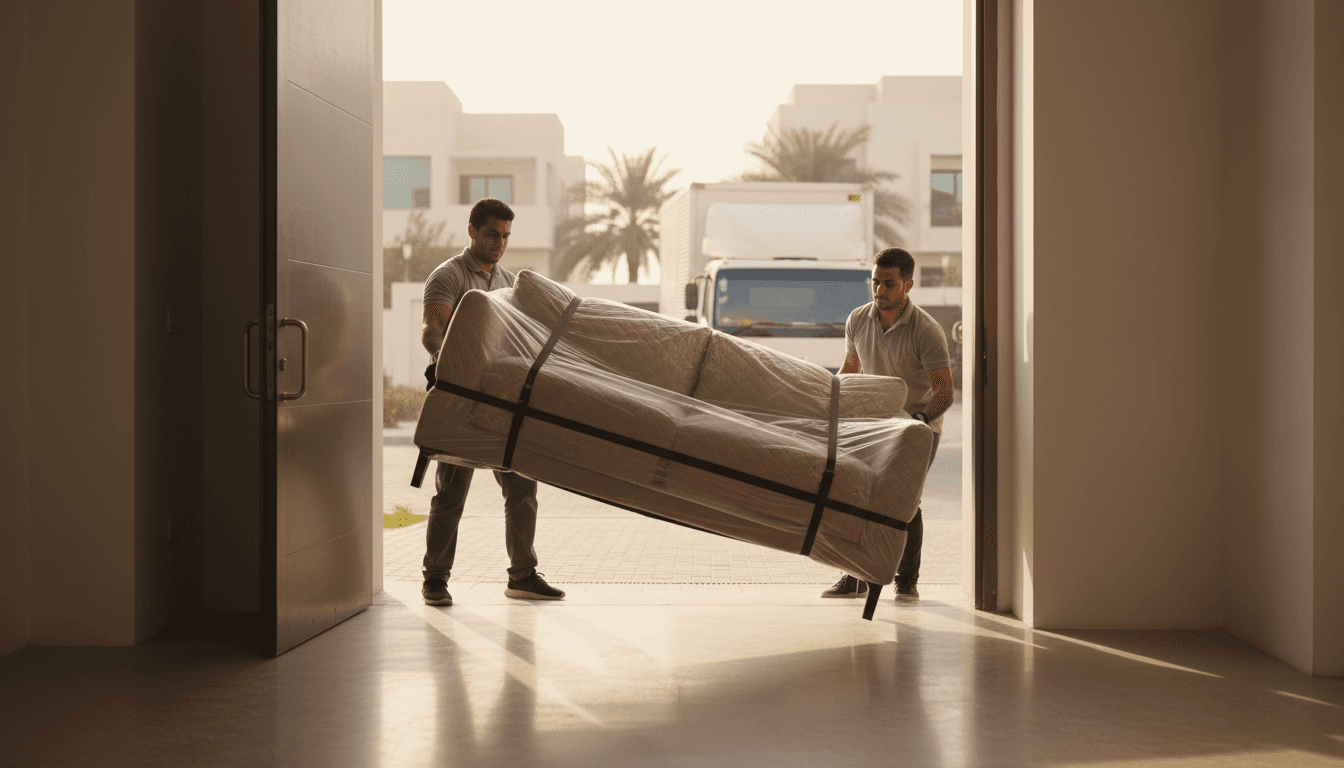 Two movers carrying a padded sofa through a doorway into a bright home