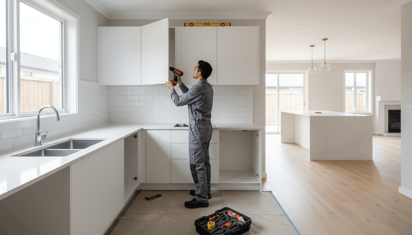Professional technician installing a TV mount with tools in a bright home