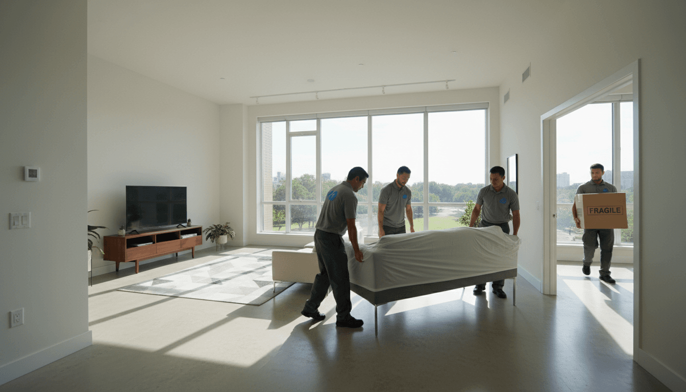 Professional movers carrying furniture in a clean modern apartment with bright natural light