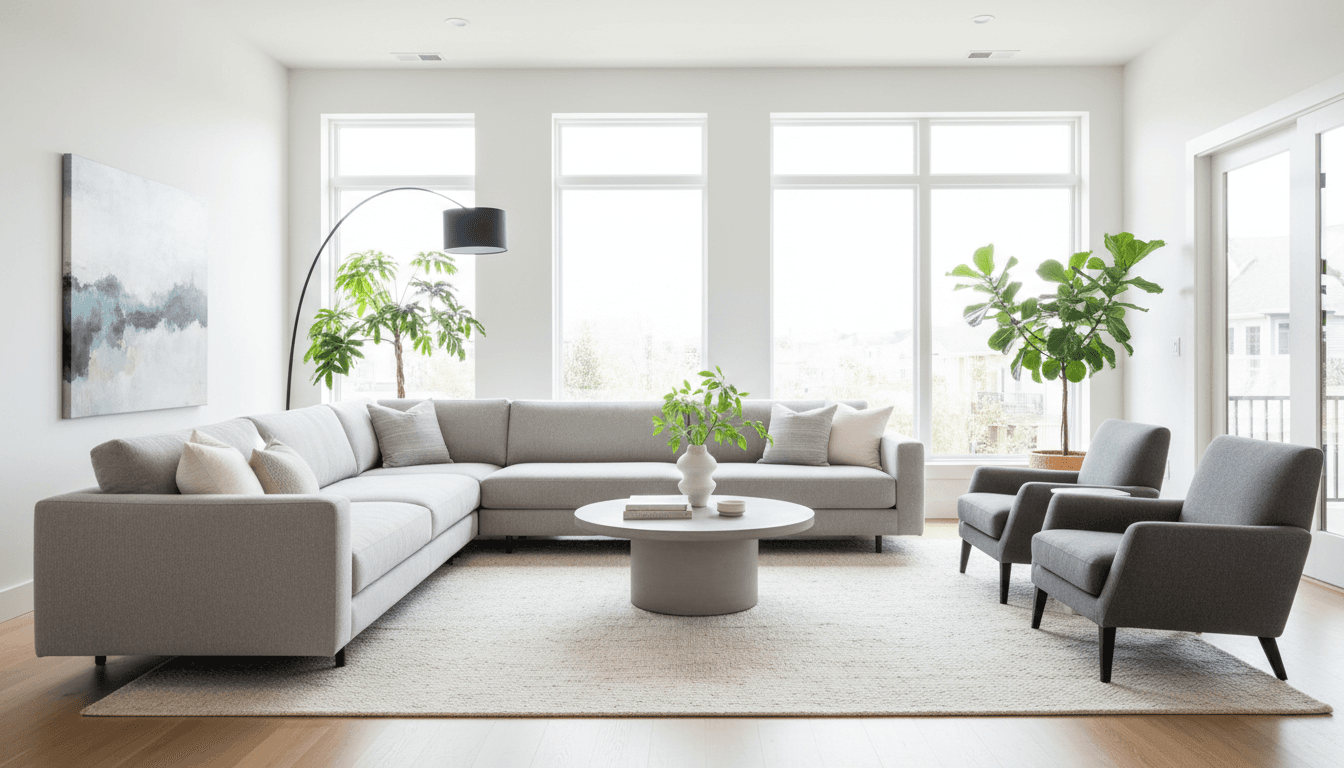 Bright, sunlit living room with sleek sofa and minimalist decor.