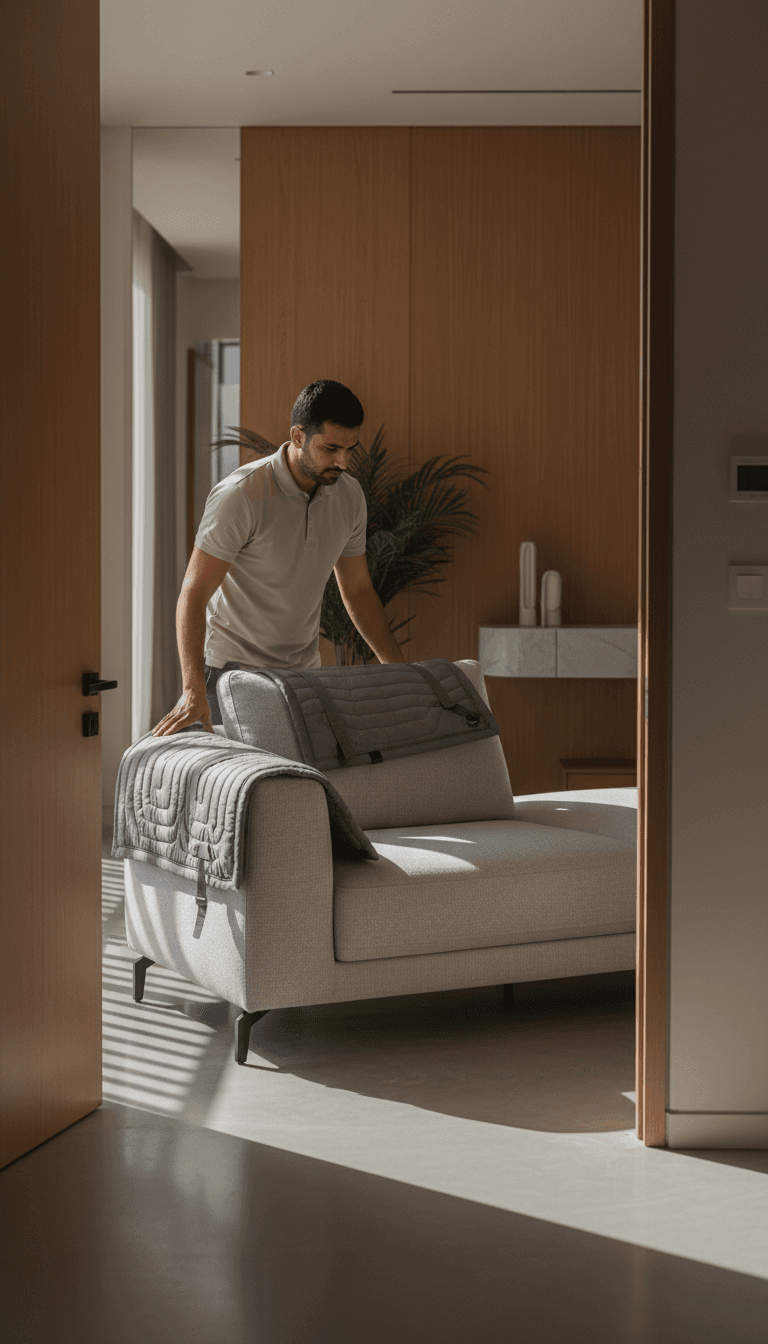Mover guiding a padded sofa through a doorway in a Doha home