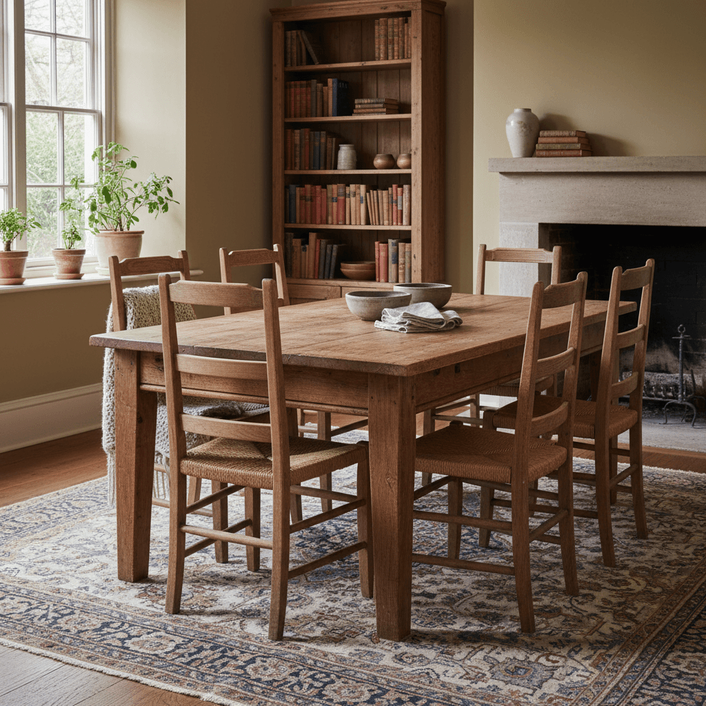 Solid wooden dining table with six matching chairs