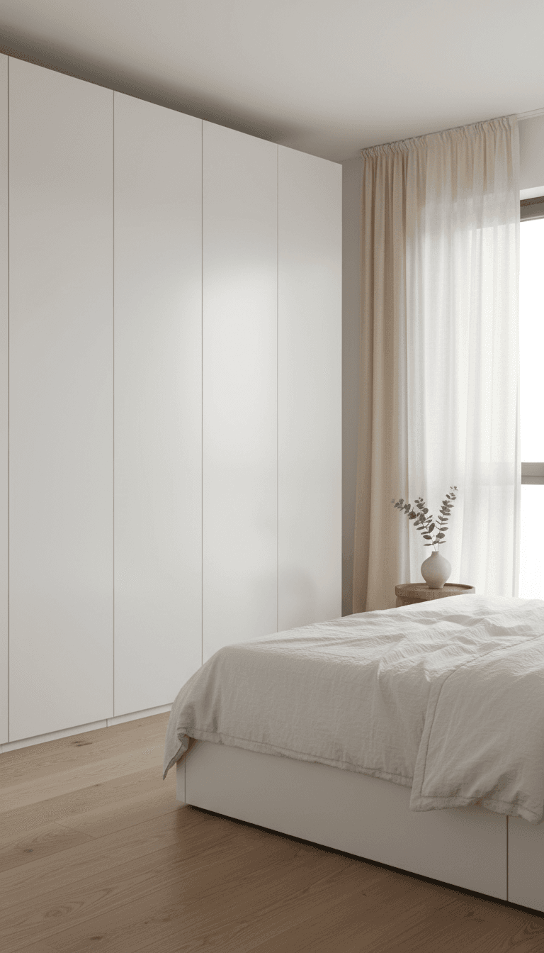 White Pax wardrobe with sliding doors in a bright modern bedroom