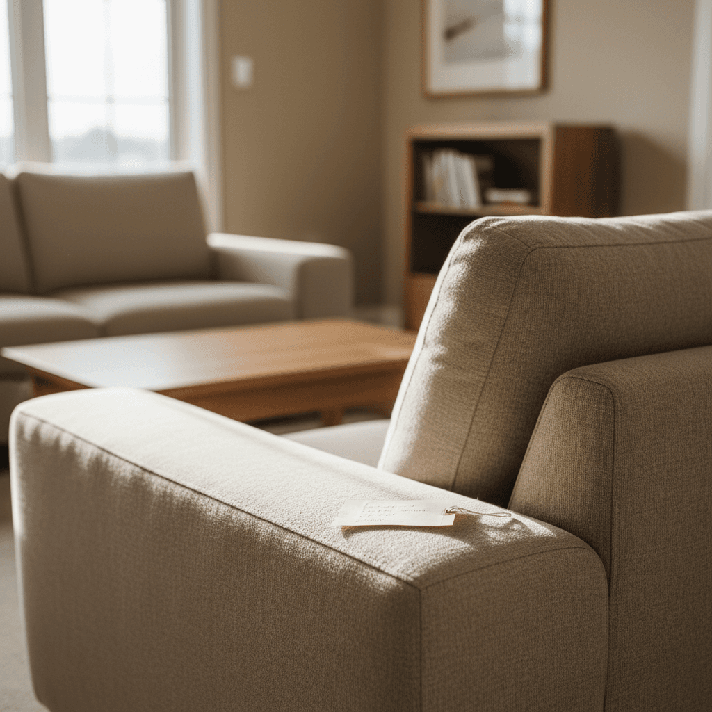 Well-kept beige fabric sofa in a bright living room
