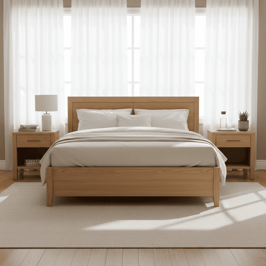 Well-maintained wooden bedroom set with bed frame and nightstands