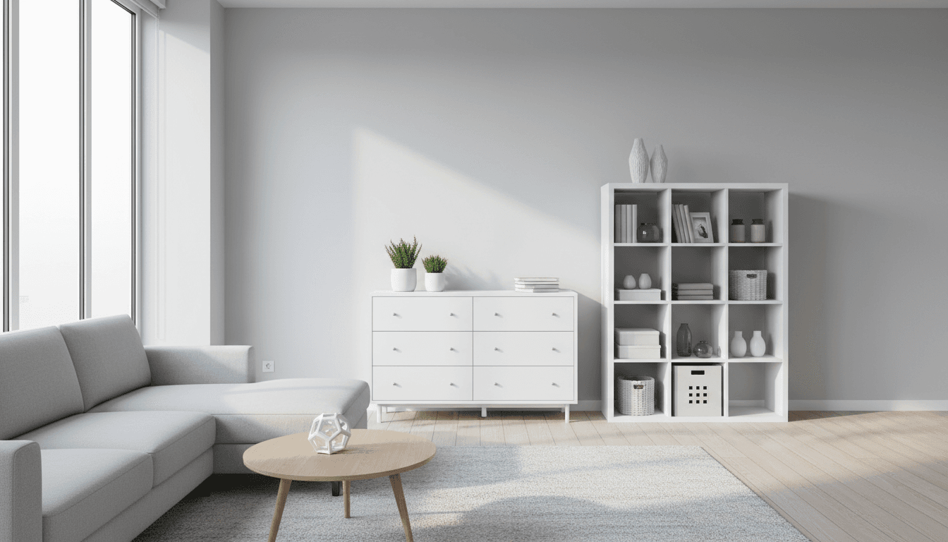 Modern living room with white MALM style dresser and Kallax shelf unit bright natural light