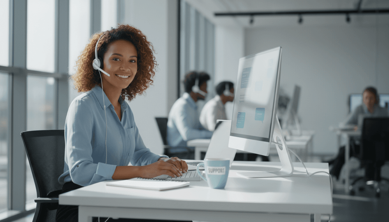 Customer service representative on phone in modern office with warm ambiance