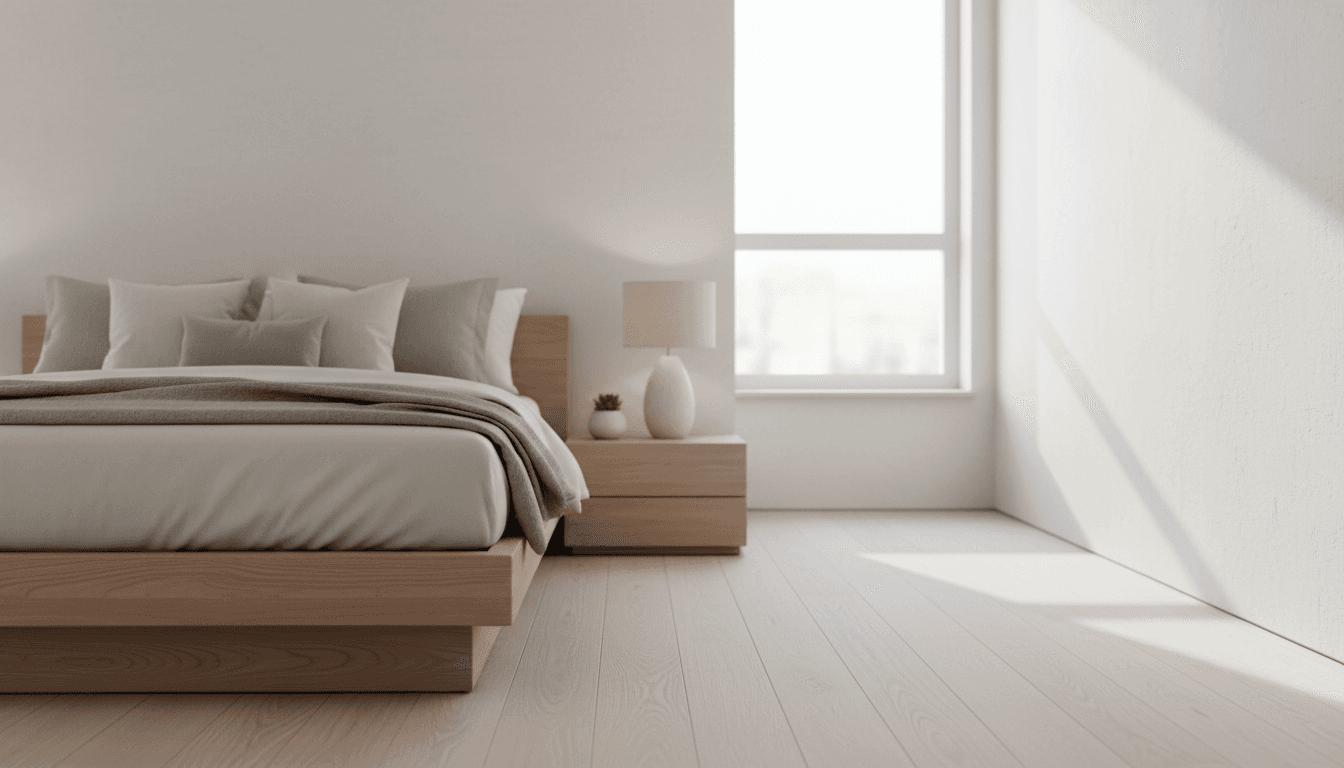 Bedroom set with wooden frame and cream bedding, natural light from window
