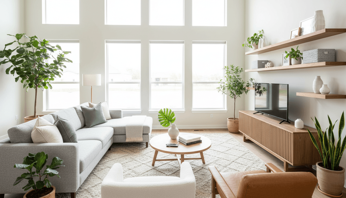 Modern grey sofa with cushions in bright living room